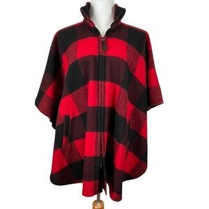 Vintage Bemidji Woolen Mills Red & Black Buffalo Plaid Wool Poncho OSFM